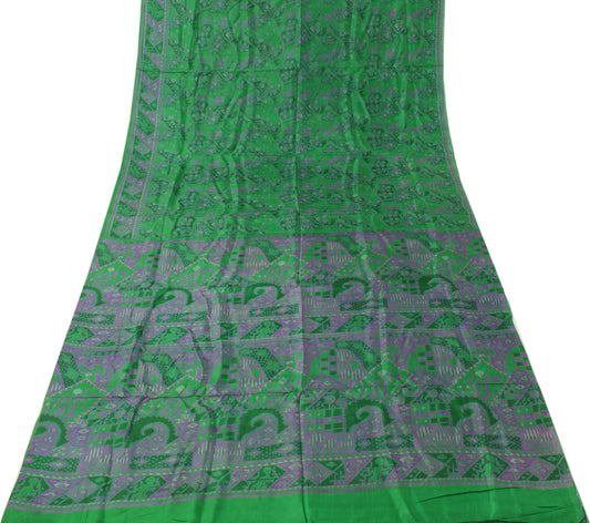 Sushila Vintage Green Saree 100% Pure Silk Printed 5 Yard Soft Craft Fabric