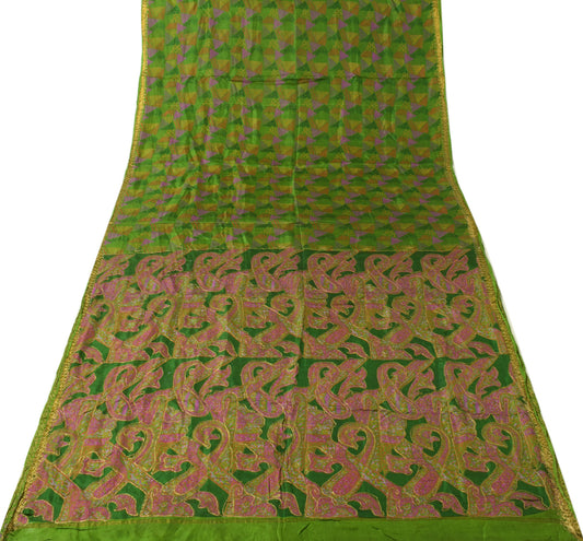 Sushila Vintage Green Saree 100% Pure Silk Printed Embroidered Soft Craft Fabric