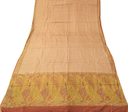 Sushila Vintage Light Brown Saree 100% Pure Silk Printed 5YD Soft Craft Fabric