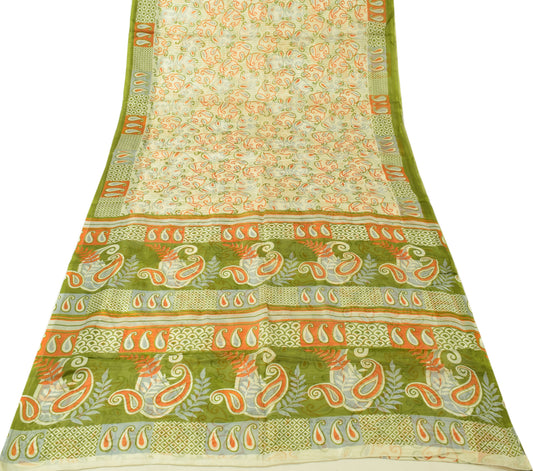 Sushila Vintage White Saree 100% Pure Silk Printed Paisley Soft Craft Fabric