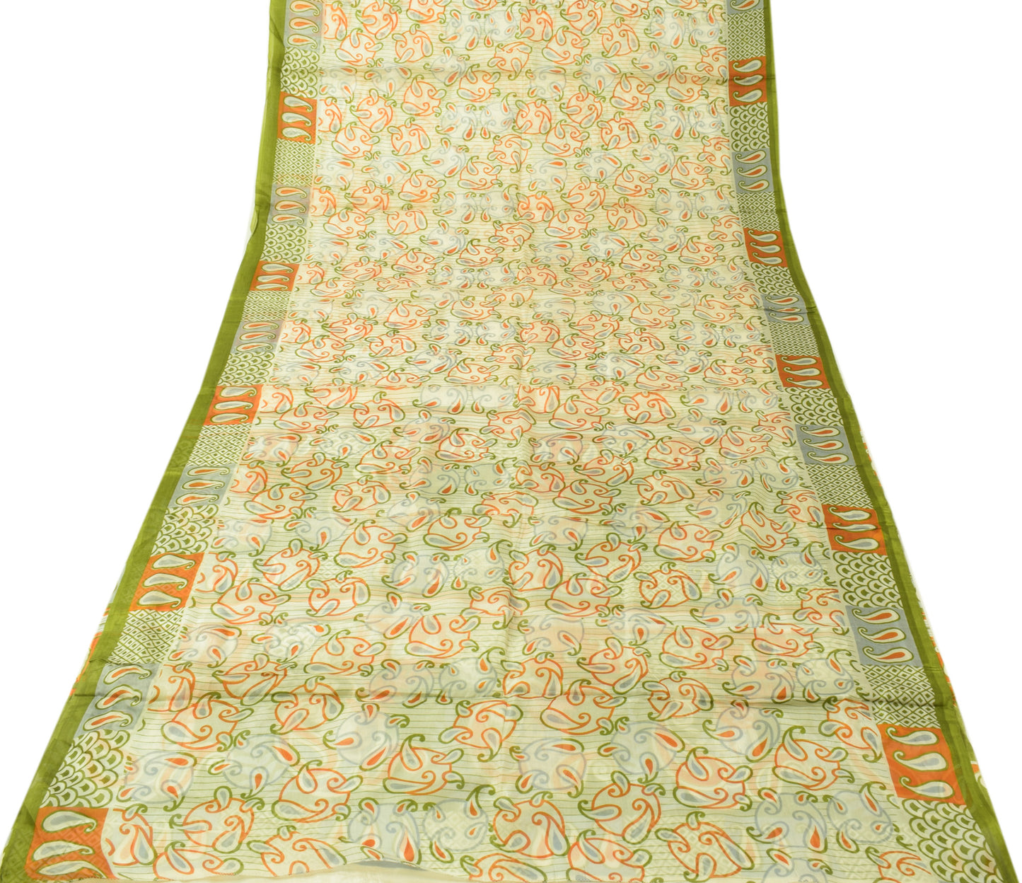 Sushila Vintage White Saree 100% Pure Silk Printed Paisley Soft Craft Fabric