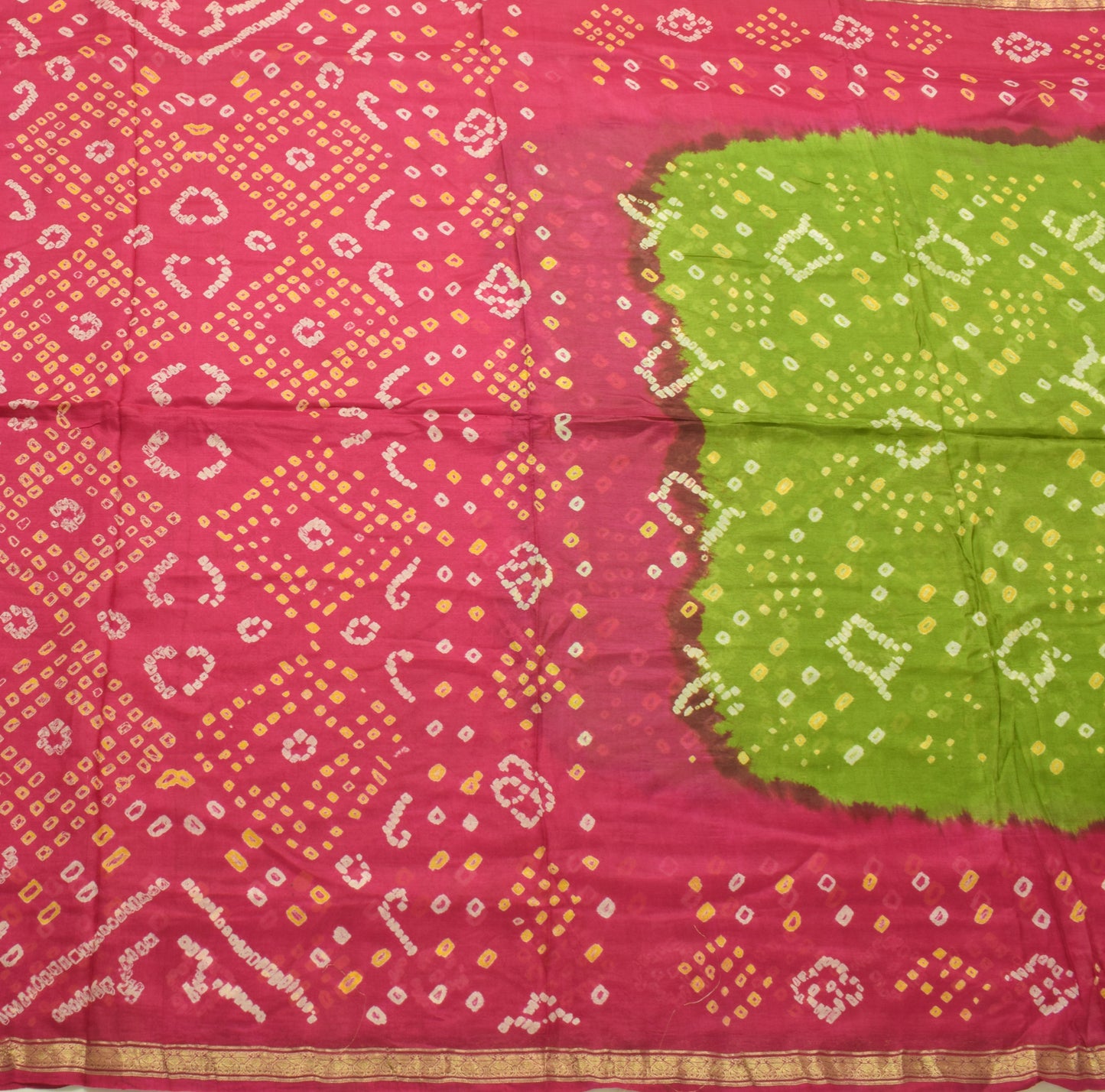 Sushila Vintage Green Saree 100% Pure Silk Printed Bandhani Soft Craft Fabric