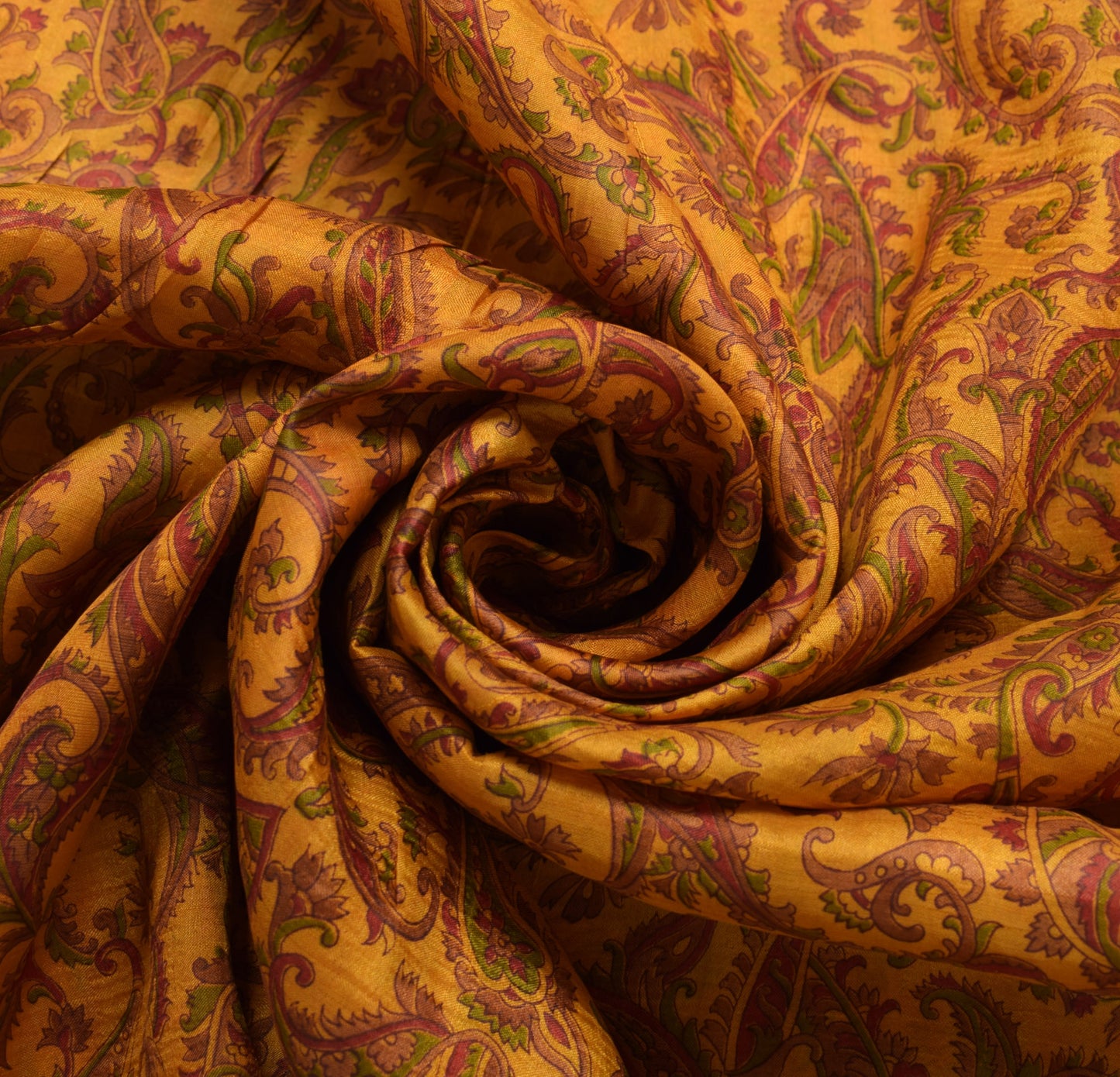 Sushila Vintage Mustard Saree 100% Pure Silk Printed Paisley Soft Craft Fabric