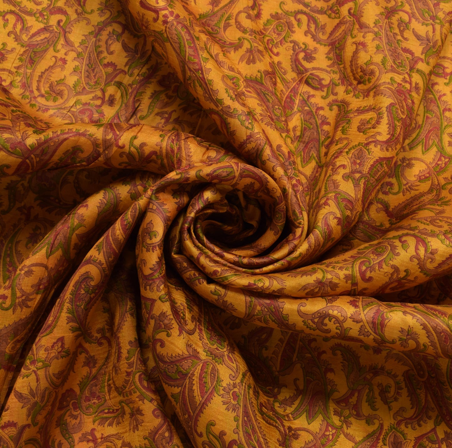 Sushila Vintage Mustard Saree 100% Pure Silk Printed Paisley Soft Craft Fabric