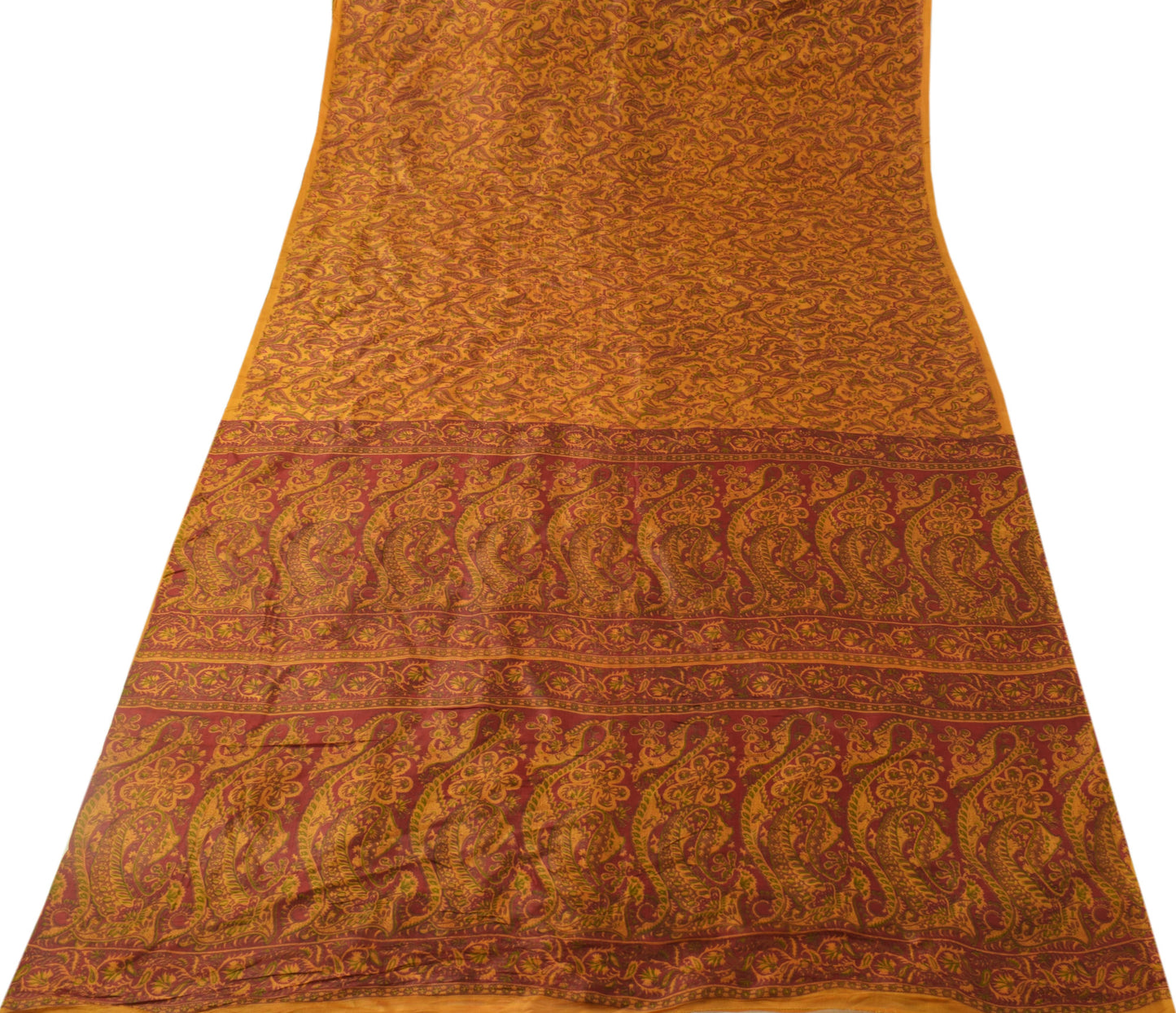 Sushila Vintage Mustard Saree 100% Pure Silk Printed Paisley Soft Craft Fabric