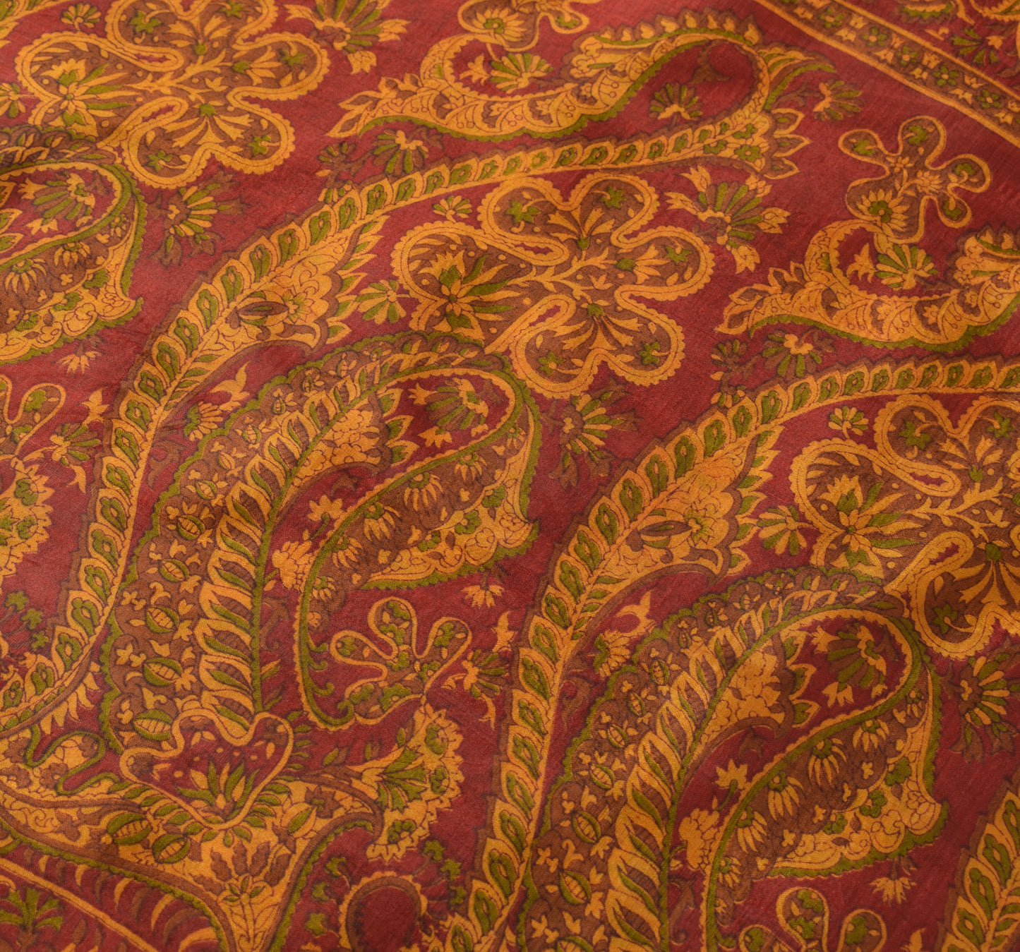 Sushila Vintage Mustard Saree 100% Pure Silk Printed Paisley Soft Craft Fabric