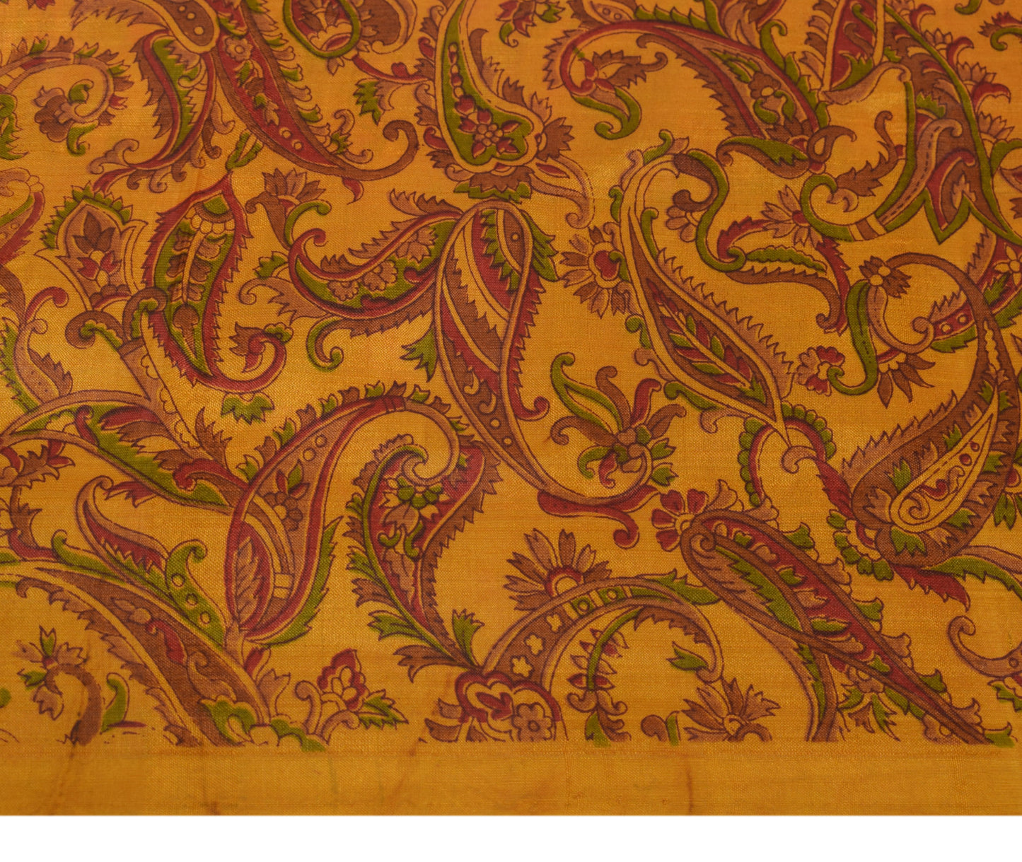 Sushila Vintage Mustard Saree 100% Pure Silk Printed Paisley Soft Craft Fabric