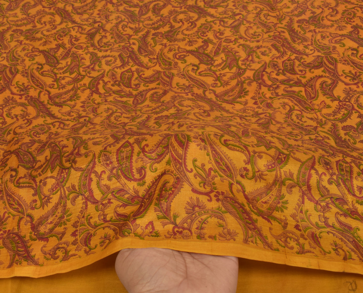 Sushila Vintage Mustard Saree 100% Pure Silk Printed Paisley Soft Craft Fabric