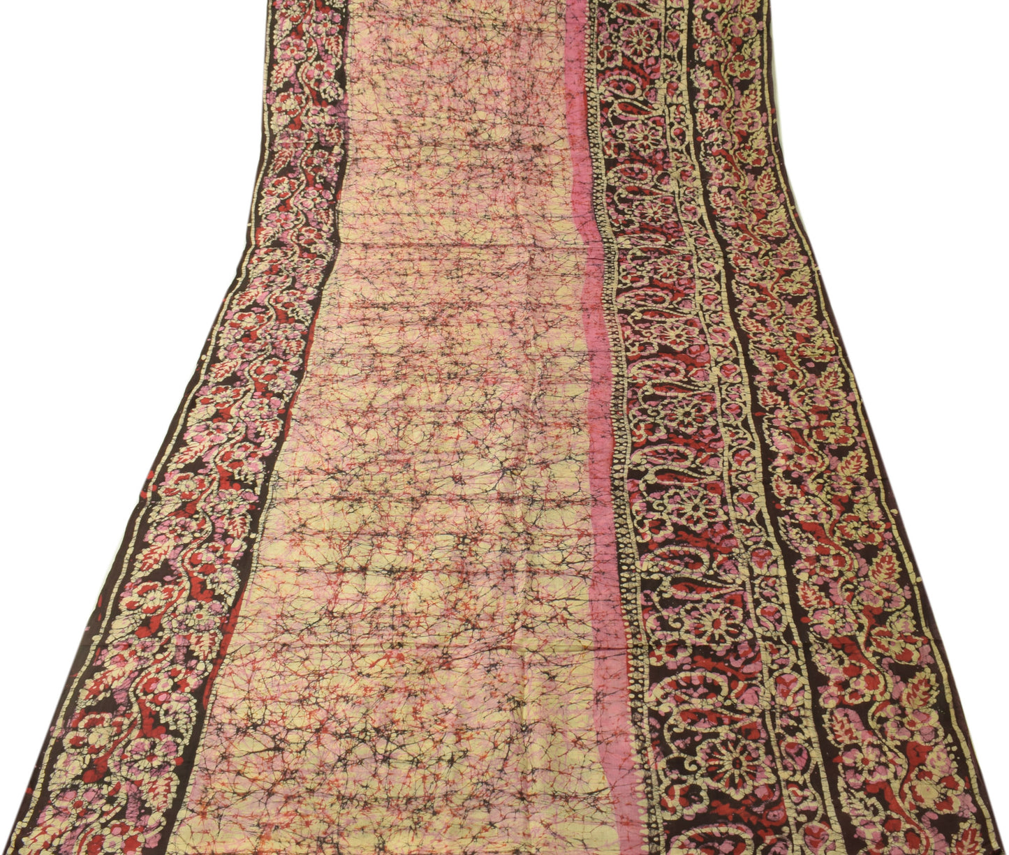 Sushila Vintage Cream Saree 100% Pure Silk Batik Printed Floral 5Yd Craft Fabric