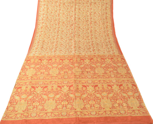 Sushila Vintage Cream Saree 100% Pure Silk Printed Floral Soft Craft Fabric