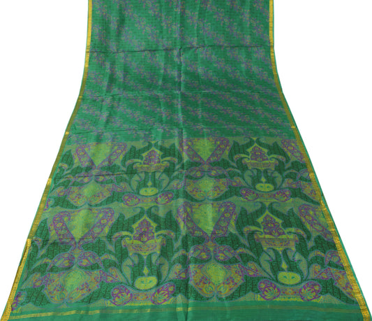 Sushila Vintage Green Saree 100% Pure Silk Printed Floral Soft Craft Fabric