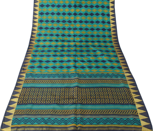 Sushila Vintage Blue Saree 100% Pure Silk Printed Zig-Zag Soft Craft Fabric