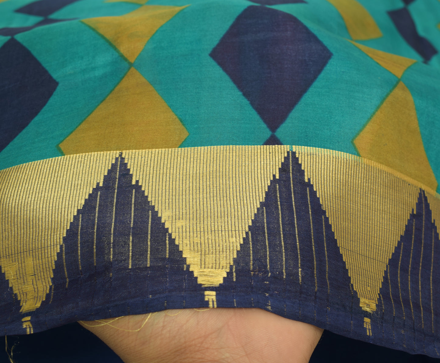 Sushila Vintage Blue Saree 100% Pure Silk Printed Zig-Zag Soft Craft Fabric