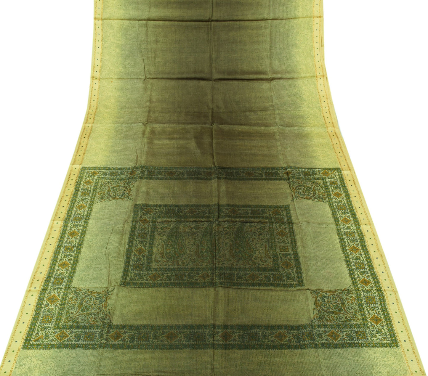 Sushila Vintage Green Saree 100% Pure Silk Printed Paisley Soft Craft Fabric