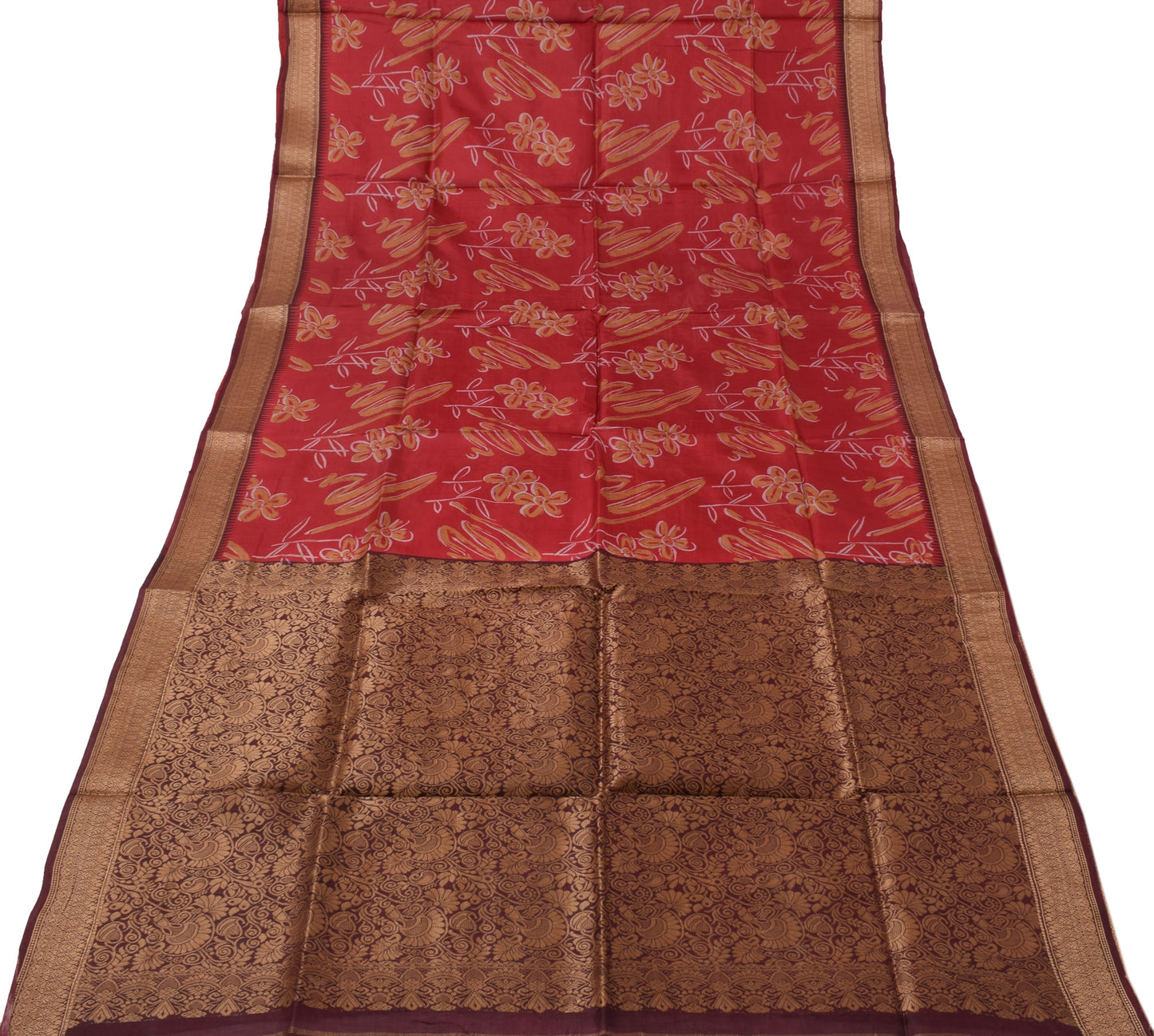 Sushila Vintage Red Saree 100% Pure Silk Printed & Woven Soft Craft 5 YD Fabric