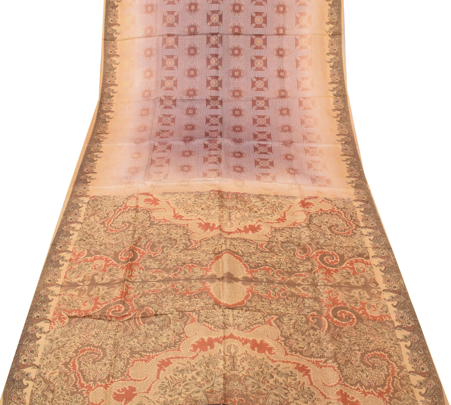 Sushila Vintage Cream Saree 100% Pure Silk Printed Woven Soft Craft Sari Fabric