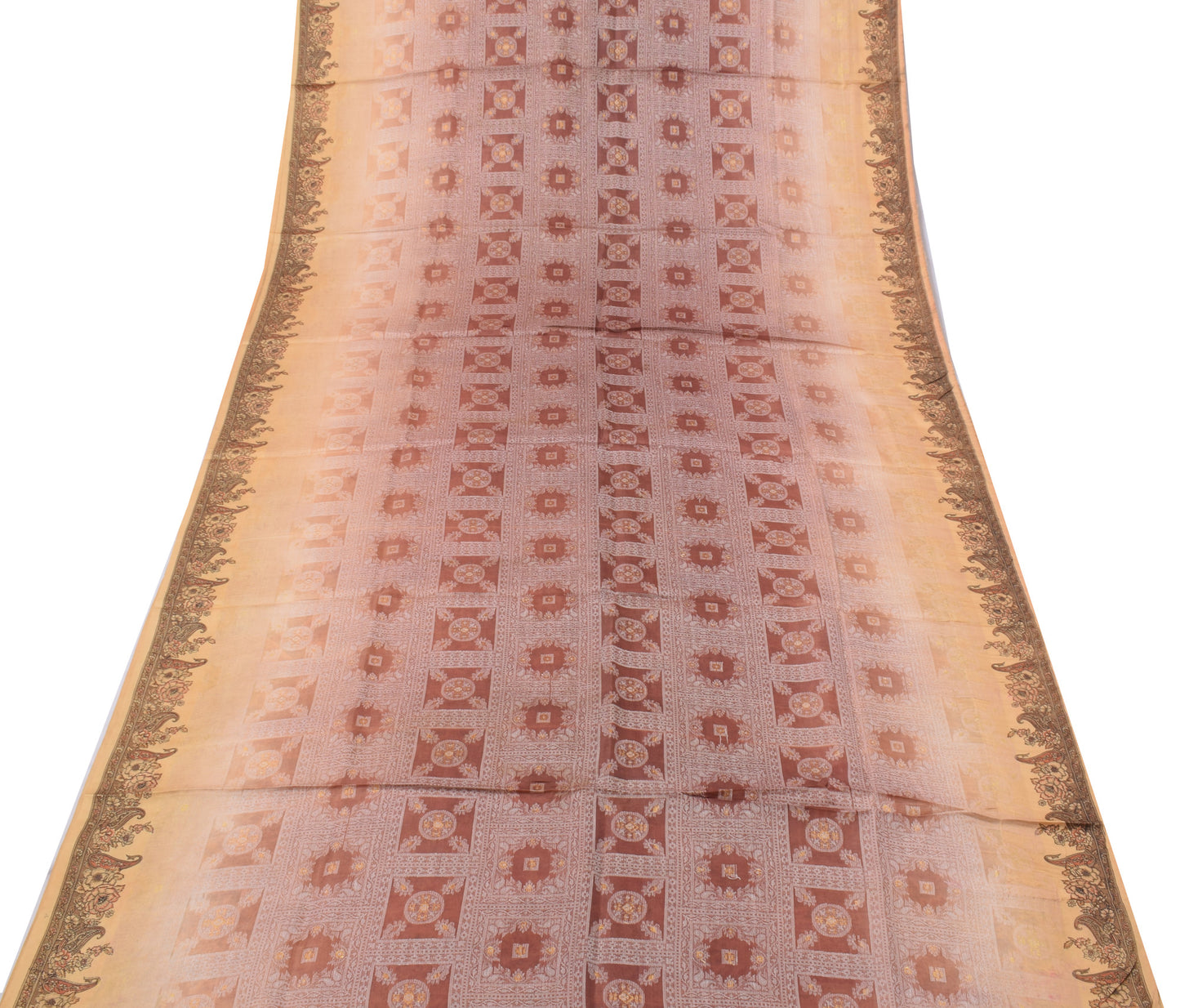 Sushila Vintage Cream Saree 100% Pure Silk Printed Woven Soft Craft Sari Fabric