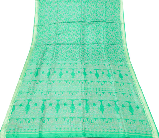 Sushila Vintage Green Saree 100% Pure Silk Printed Paisley Soft Craft Fabric