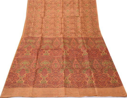 Sushila Vintage Brown Saree 100% Pure Silk Printed Floral Soft Craft 5 YD Fabric