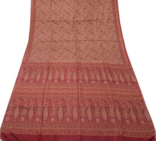 Sushila Vintage Peach Saree 100% Pure Silk Printed Paisley Soft Craft Fabric