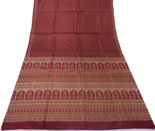 Sushila Vintage Maroon Saree 100% Pure Silk Printed Floral Soft Craft Fabric