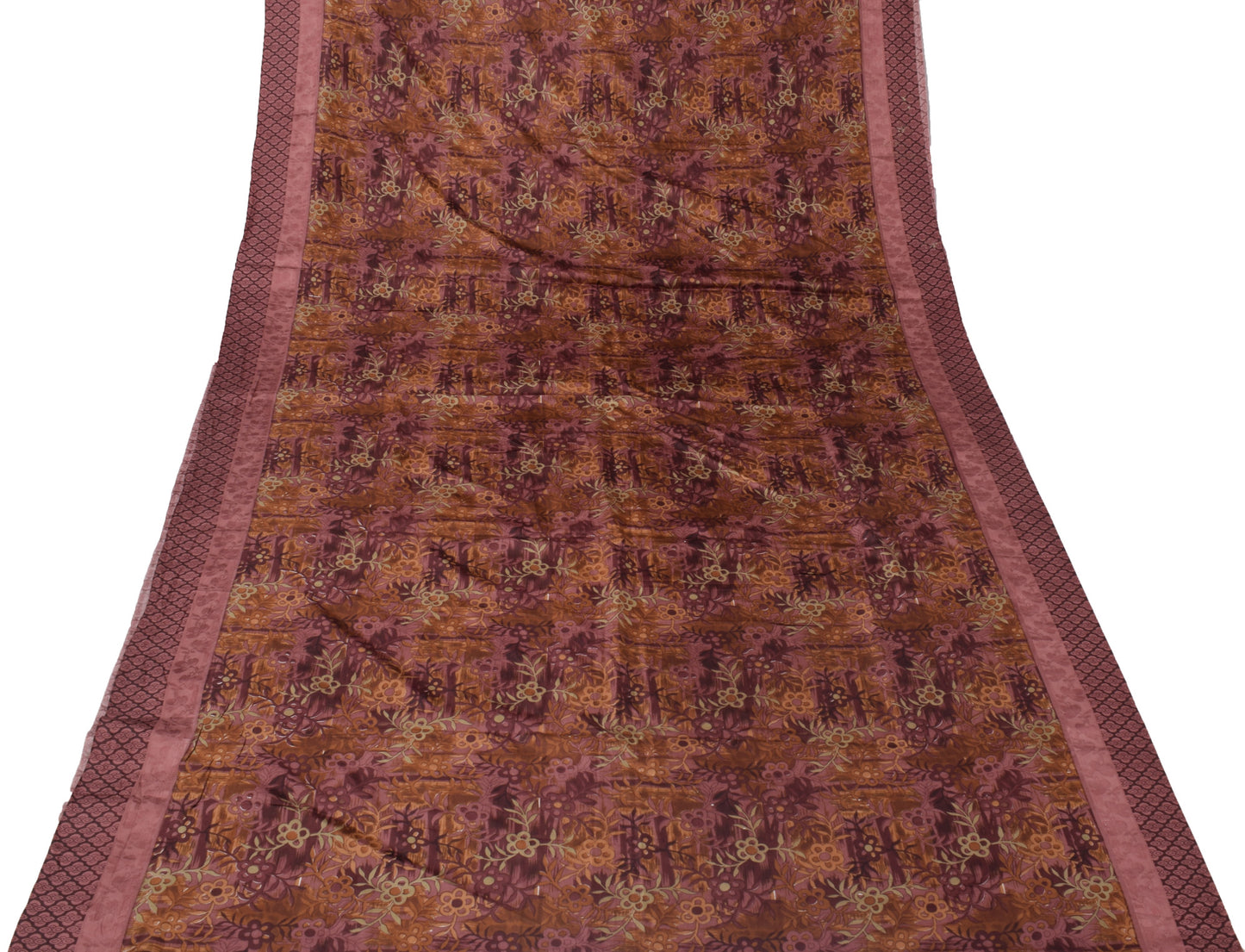 Sushila Vintage Mauve Saree 100% Pure Silk Printed Floral Soft Craft 5 YD Fabric