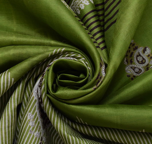 Sushila Vintage Green Sari 100% Pure Silk Printed Paisley Soft Craft 5 YD Fabric