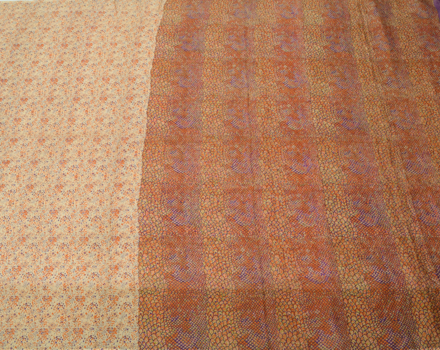 Sushila Vintage Cream Saree 100% Pure Silk Printed Floral Soft Craft Fabric
