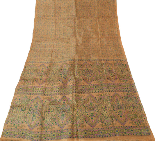 Sushila Vintage Brown Saree 100% Pure Silk Printed Floral Soft Craft 5 YD Fabric