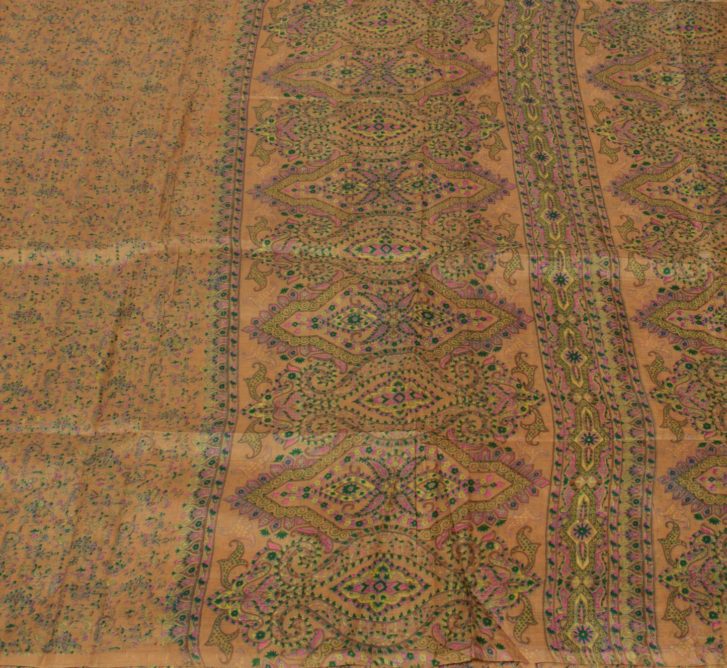 Sushila Vintage Brown Saree 100% Pure Silk Printed Floral Soft Craft 5 YD Fabric