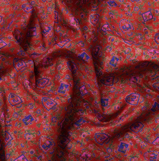 Sushila Vintage Red Saree 100% Pure Silk Printed Elephant Soft 5 YD Craft Fabric