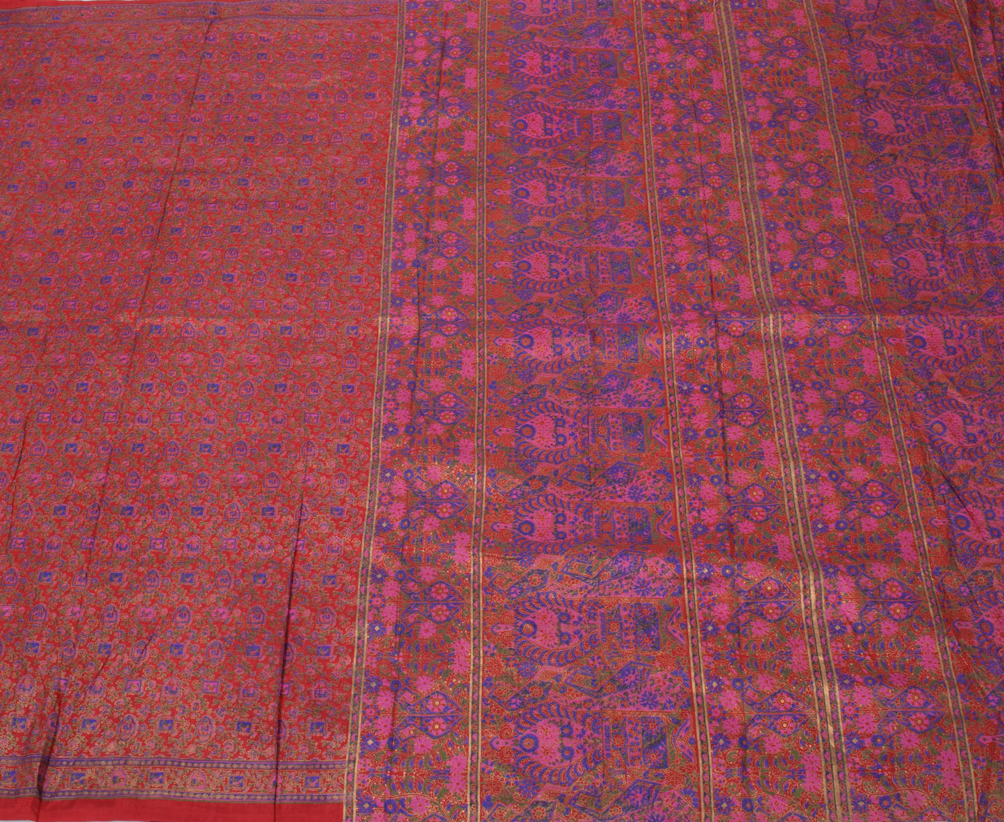 Sushila Vintage Red Saree 100% Pure Silk Printed Elephant Soft 5 YD Craft Fabric