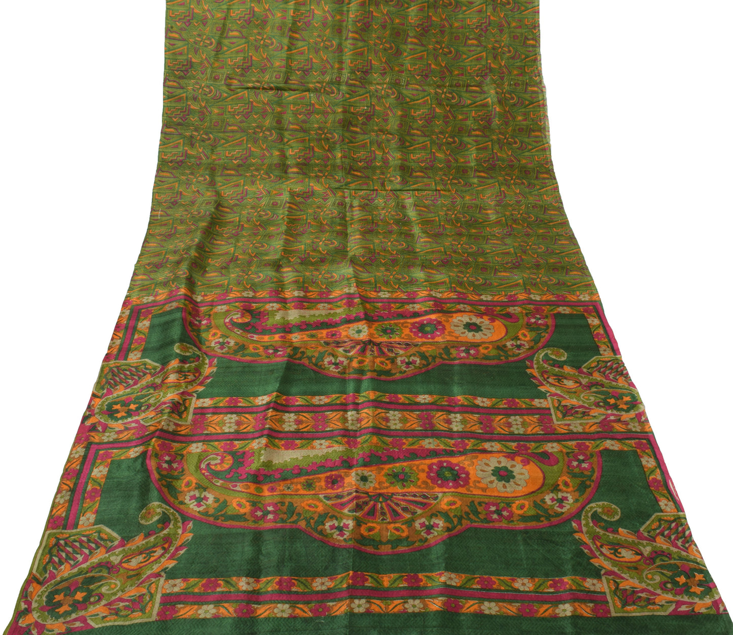 Sushila Vintage Green Saree 100% Pure Silk Printed Floral Soft Craft Fabric