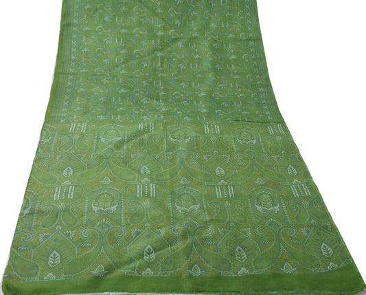 Sushila Vintage Green Saree 100% Pure Silk Printed Paisley 5 Yard Craft Fabric