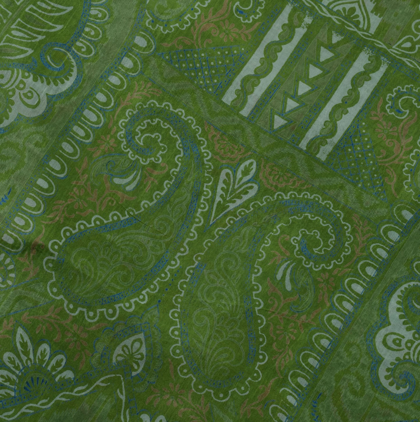 Sushila Vintage Green Saree 100% Pure Silk Printed Paisley 5 Yard Craft Fabric