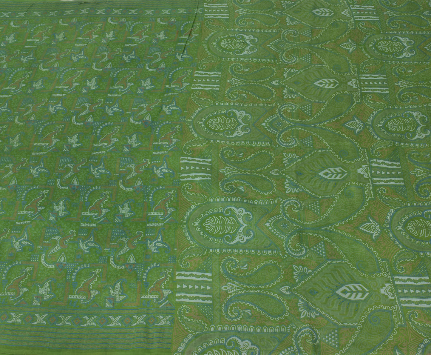 Sushila Vintage Green Saree 100% Pure Silk Printed Paisley 5 Yard Craft Fabric