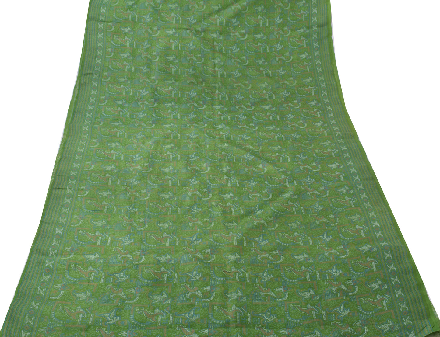 Sushila Vintage Green Saree 100% Pure Silk Printed Paisley 5 Yard Craft Fabric