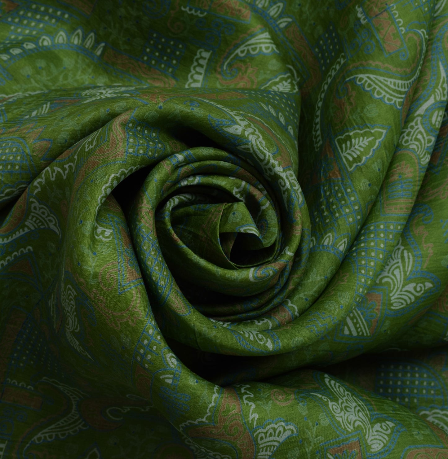 Sushila Vintage Green Saree 100% Pure Silk Printed Paisley 5 Yard Craft Fabric