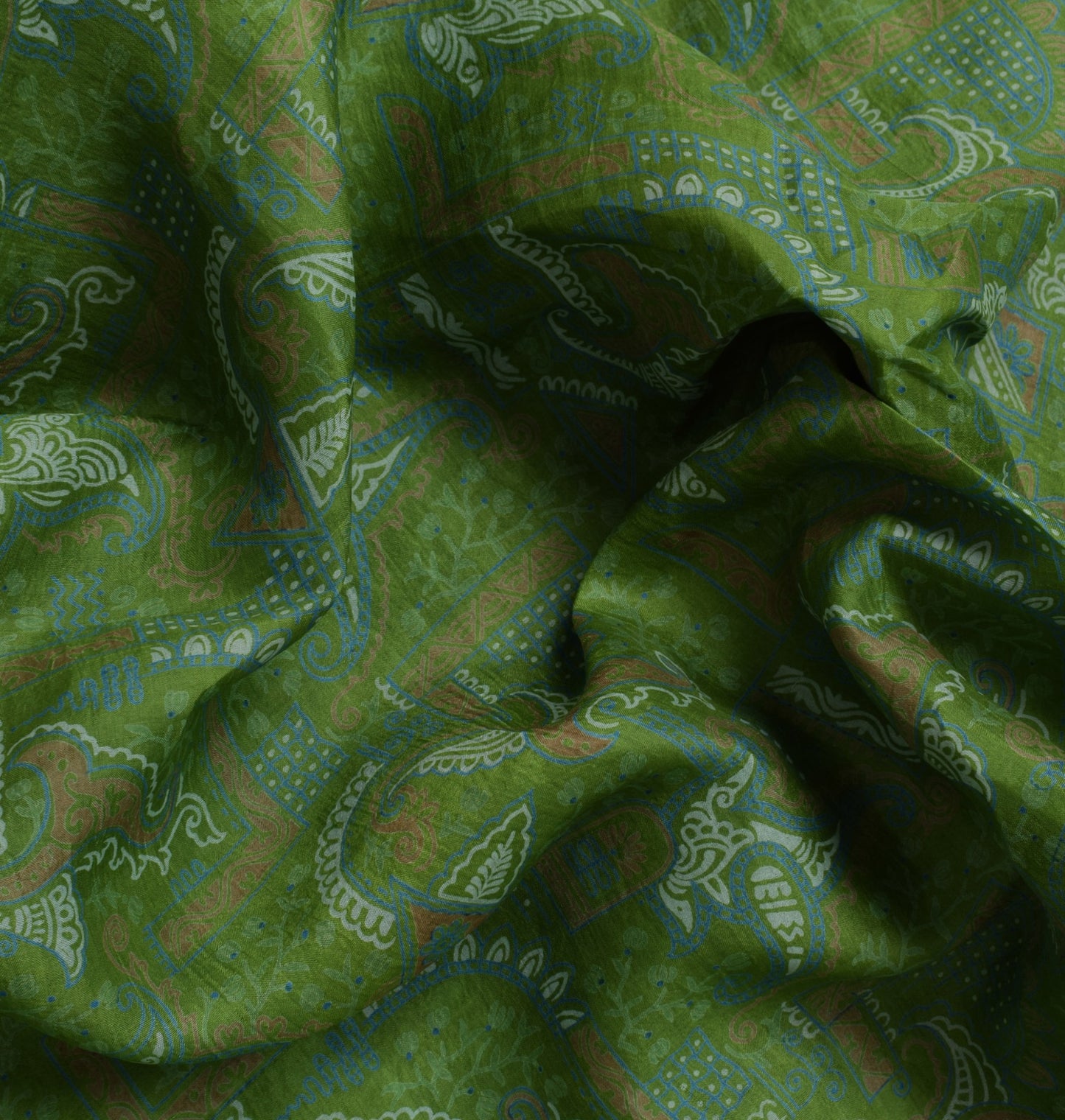 Sushila Vintage Green Saree 100% Pure Silk Printed Paisley 5 Yard Craft Fabric