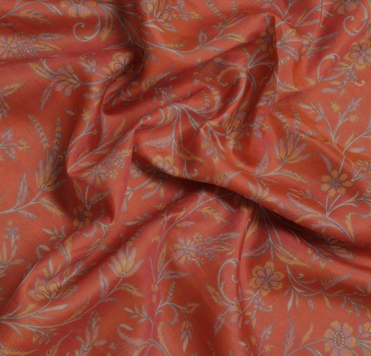 Sushila Vintage Peach Saree 100% Pure Silk Printed Floral Soft Craft 5 YD Fabric