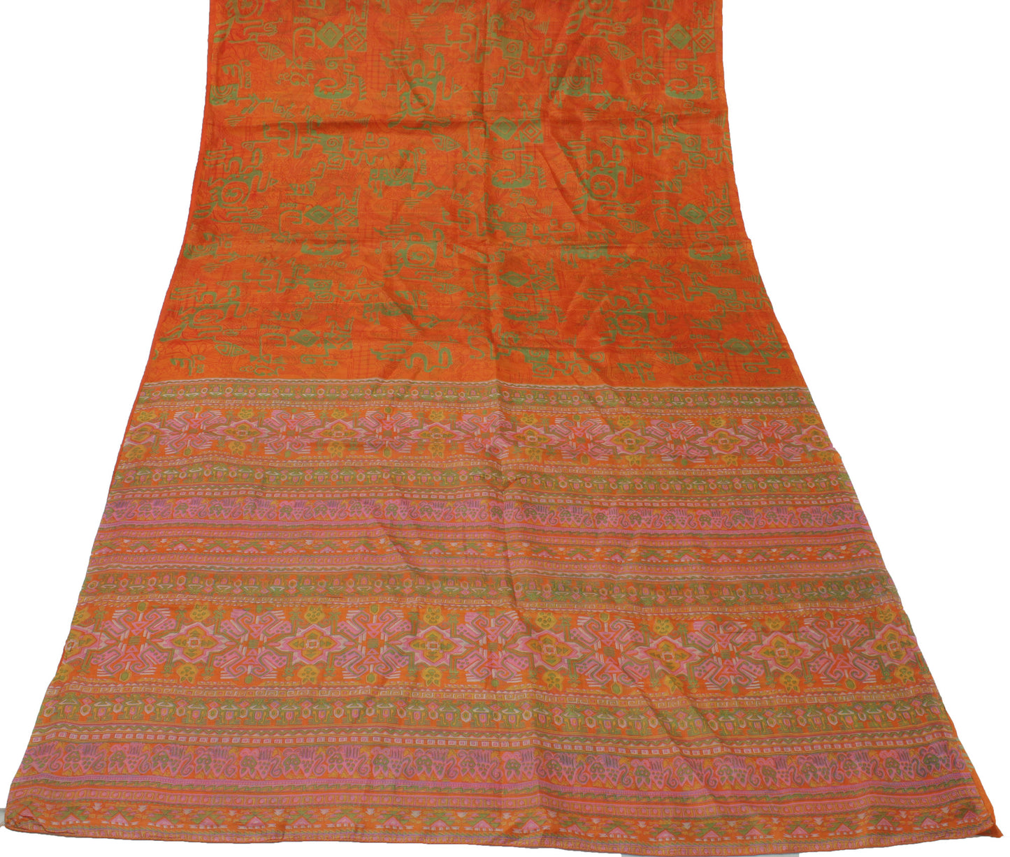 Sushila Vintage Orange Saree 100% Pure Silk Printed Floral Soft Craft Fabric