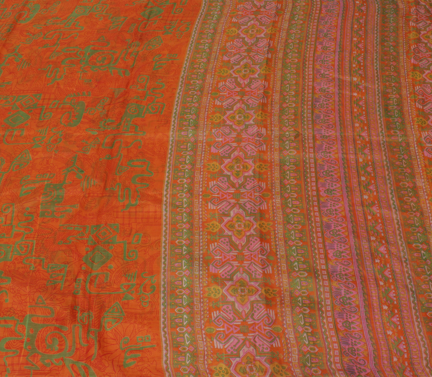 Sushila Vintage Orange Saree 100% Pure Silk Printed Floral Soft Craft Fabric