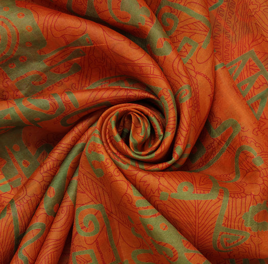 Sushila Vintage Orange Saree 100% Pure Silk Printed Floral Soft Craft Fabric