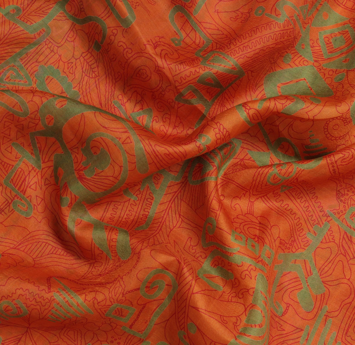 Sushila Vintage Orange Saree 100% Pure Silk Printed Floral Soft Craft Fabric