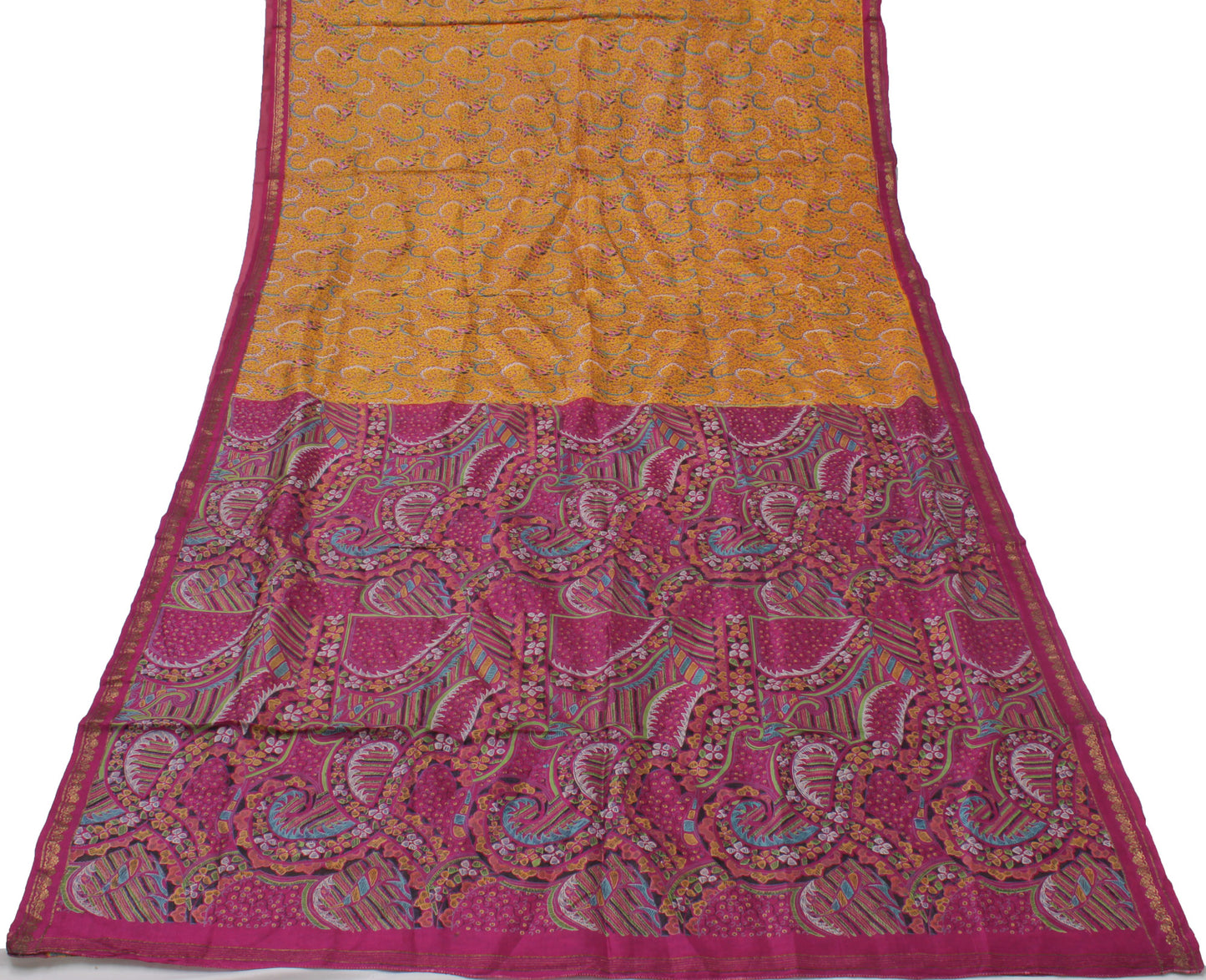 Sushila Vintage Mustard Saree 100% Pure Silk Printed Floral Soft Craft Fabric