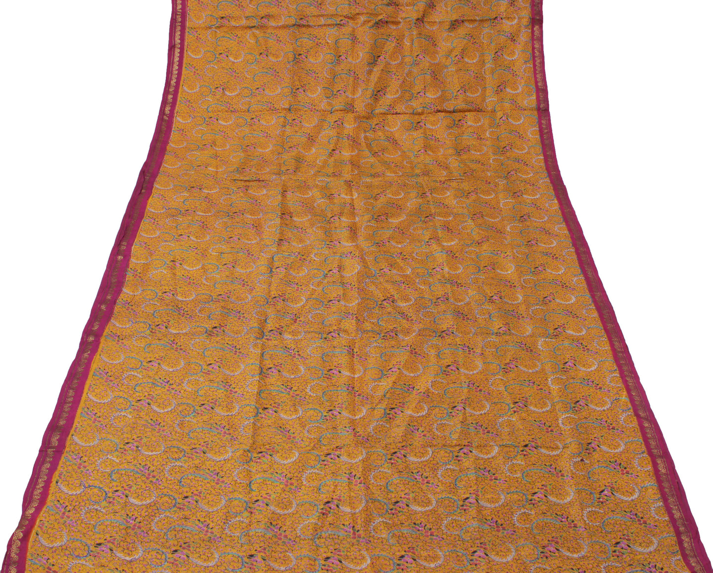 Sushila Vintage Mustard Saree 100% Pure Silk Printed Floral Soft Craft Fabric