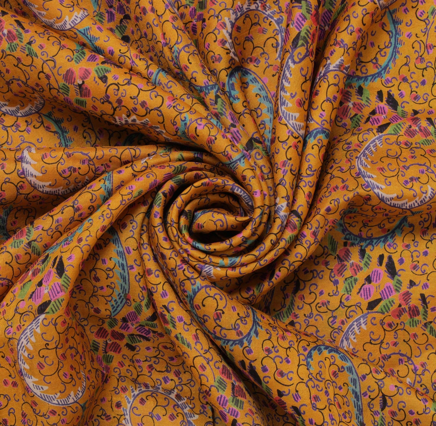 Sushila Vintage Mustard Saree 100% Pure Silk Printed Floral Soft Craft Fabric