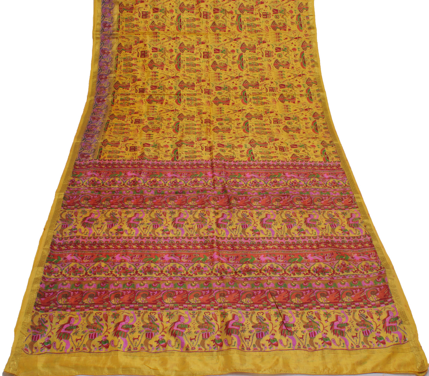 Sushila Vintage Yellow Saree 100% Pure Silk Printed Human Sari Craft Fabric