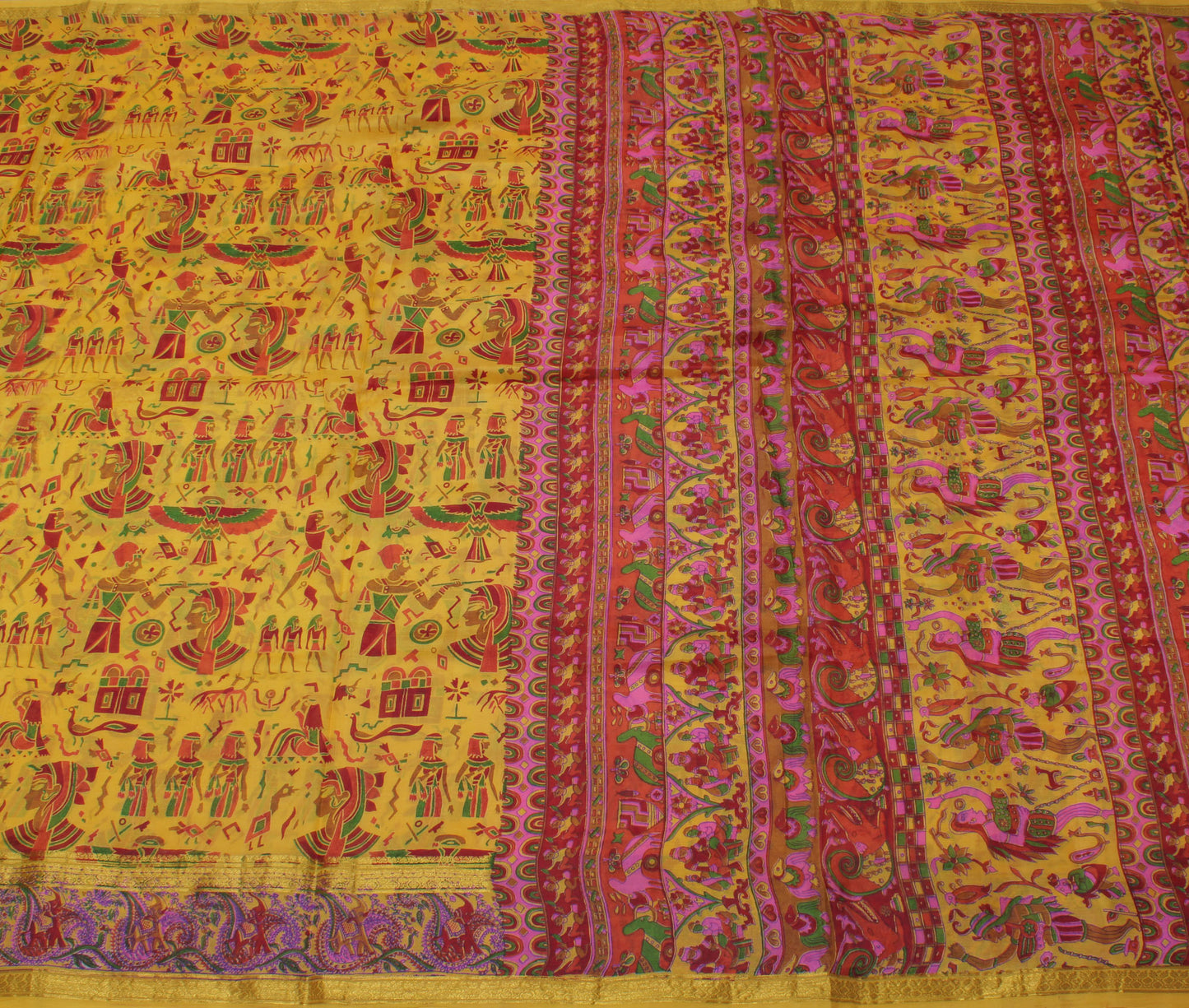 Sushila Vintage Yellow Saree 100% Pure Silk Printed Human Sari Craft Fabric