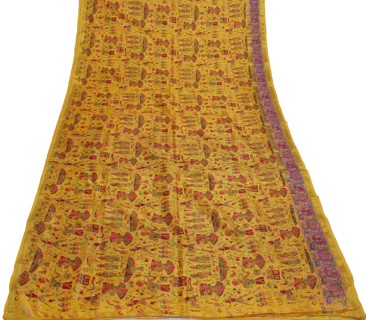 Sushila Vintage Yellow Saree 100% Pure Silk Printed Human Sari Craft Fabric